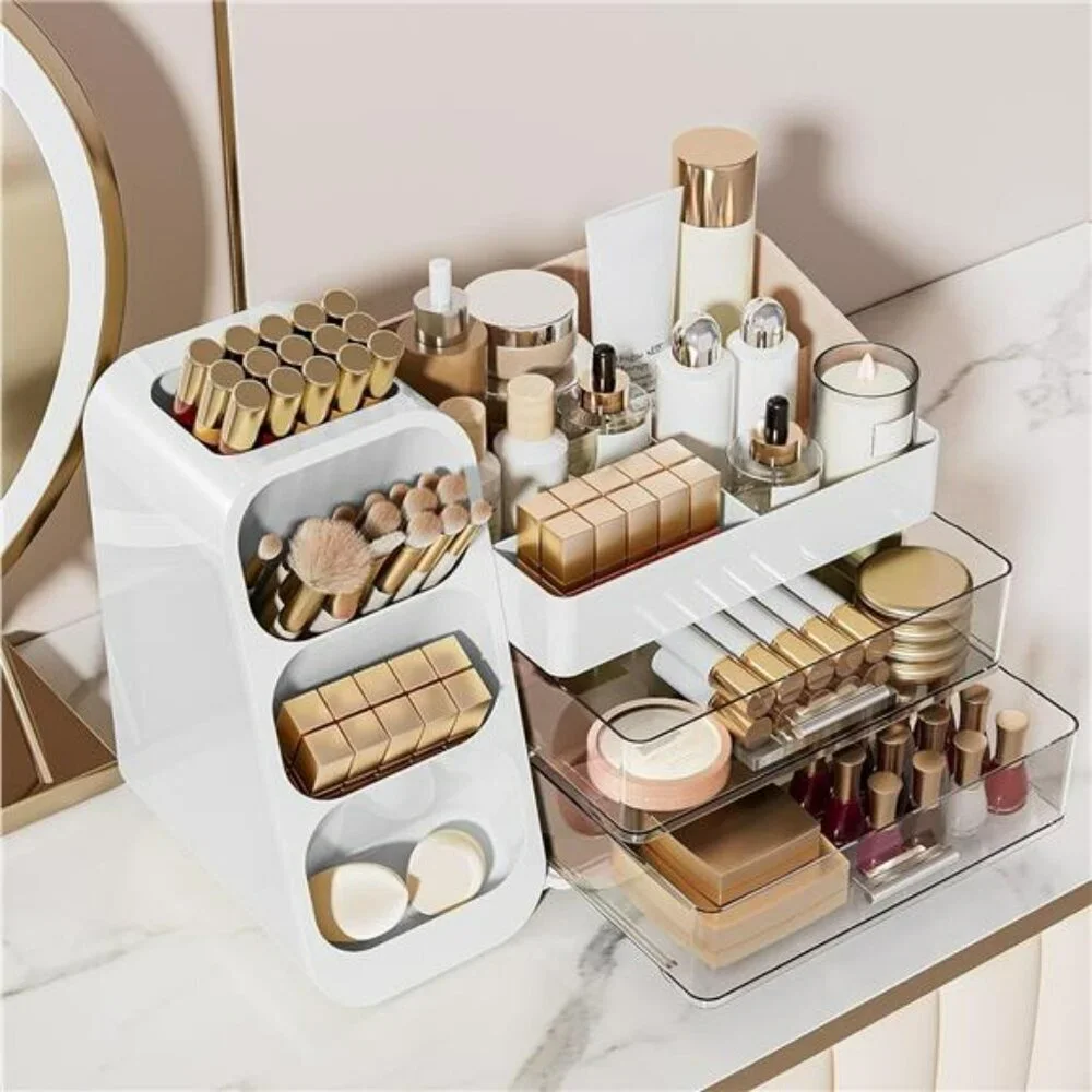 Makeup Organizer With Drawers Vanity Storage Case Skincare Brush Holder White